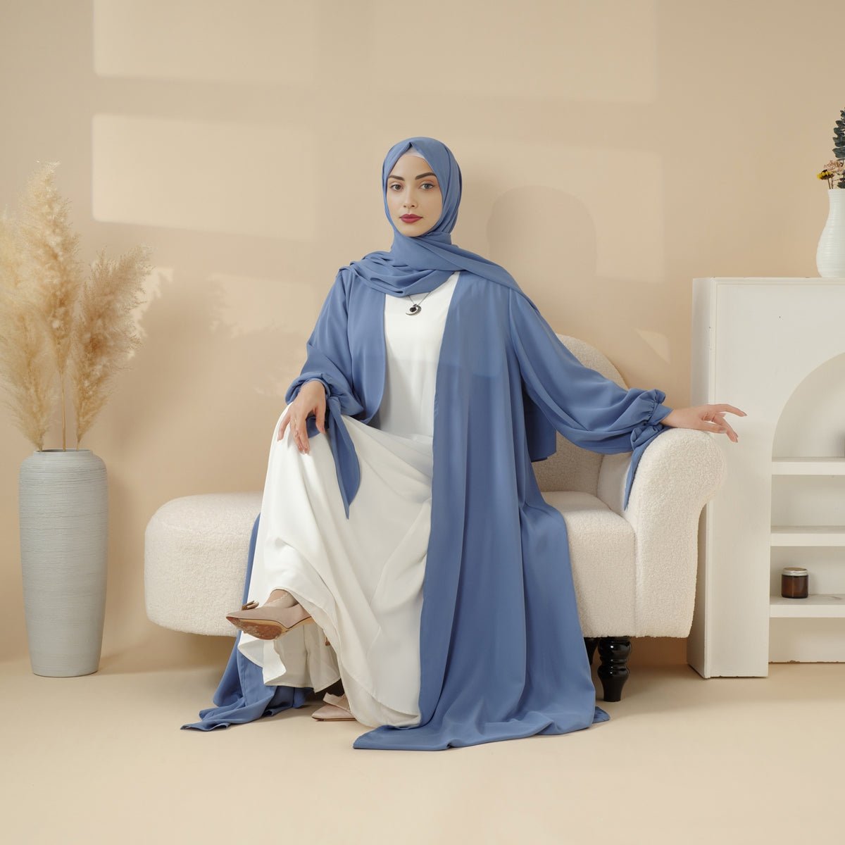 Premium Ribbon 4 - Piece Set Open Abaya (MOA105) - Mariam's Collection