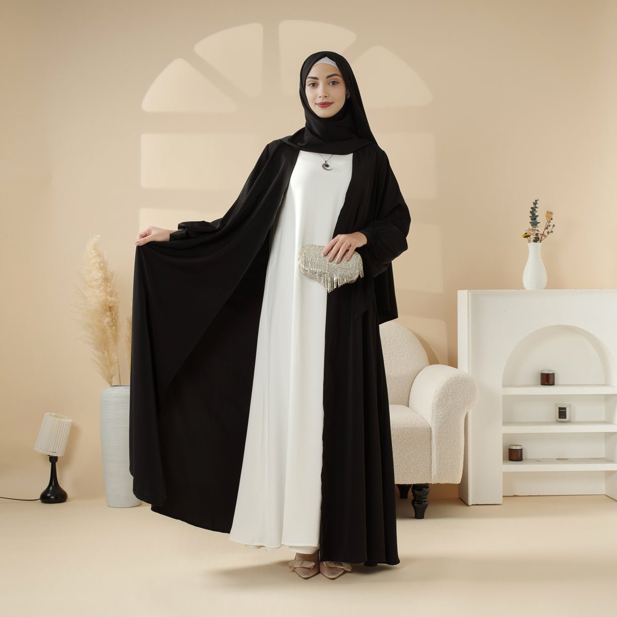 Premium Ribbon 4 - Piece Set Open Abaya (MOA105) - Mariam's Collection