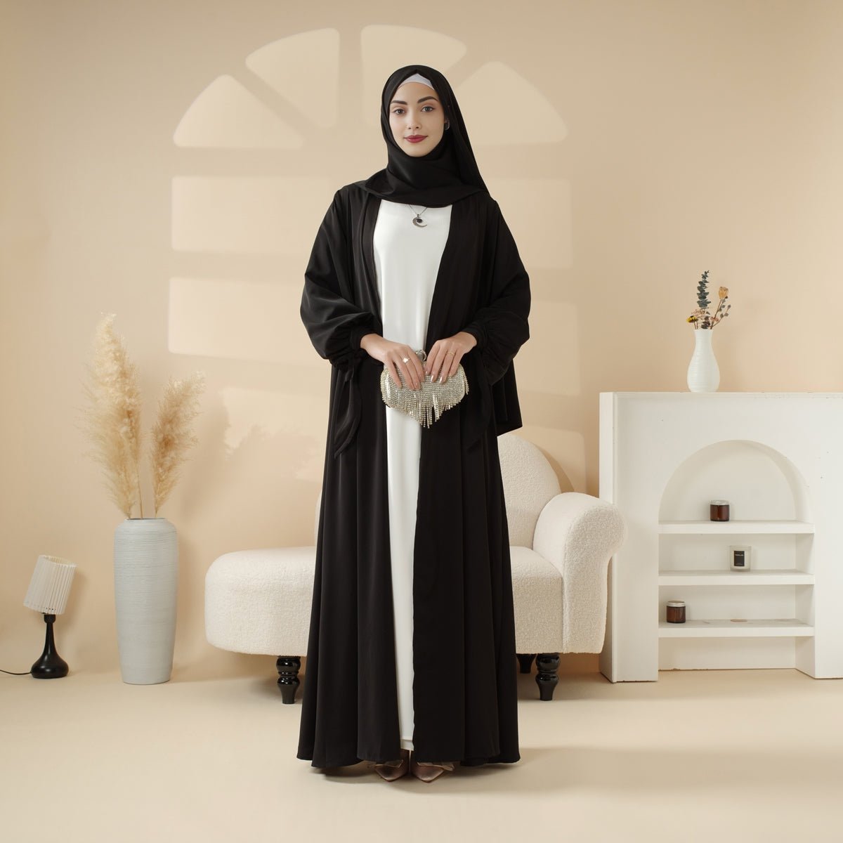 Premium Ribbon Sleeve Abaya: An Elegant Four - piece Abaya Set (MOA105) - Mariam's Collection