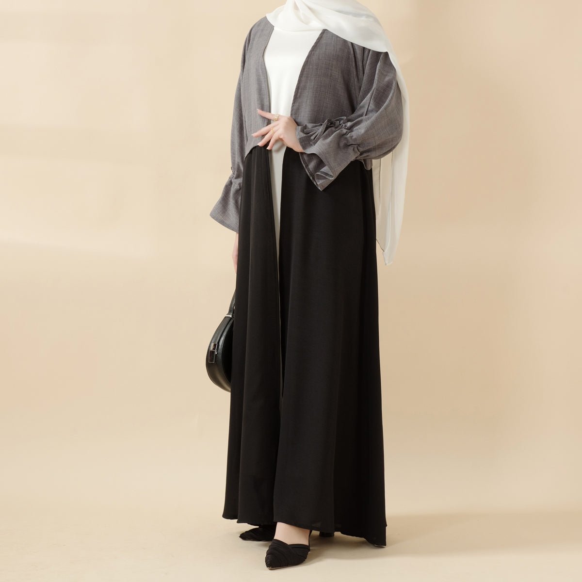 Princess Style 2 - Tone Contrast Ruffle Sleeves Open Abaya (MOA126) - Mariam's Collection
