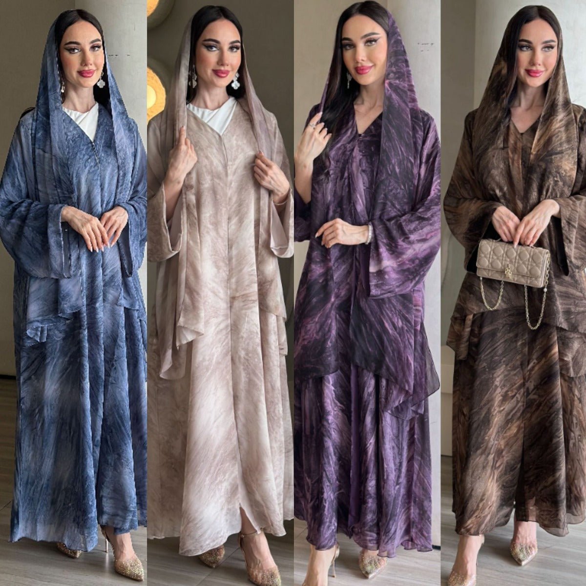 Printed Cardigan Abaya Collection | Modest Luxury Loungewear Feather - Print Robes (MOA194) - Mariam's Collection