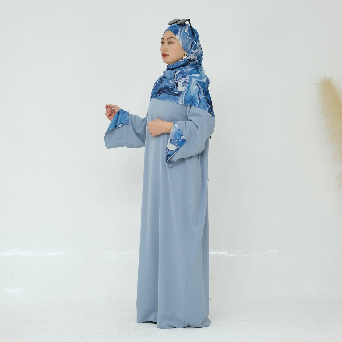 Printed Cuff Nida Abaya & Hijab Set | Relaxed Pocket Maxi Dress(MA360) - Mariam's Collection