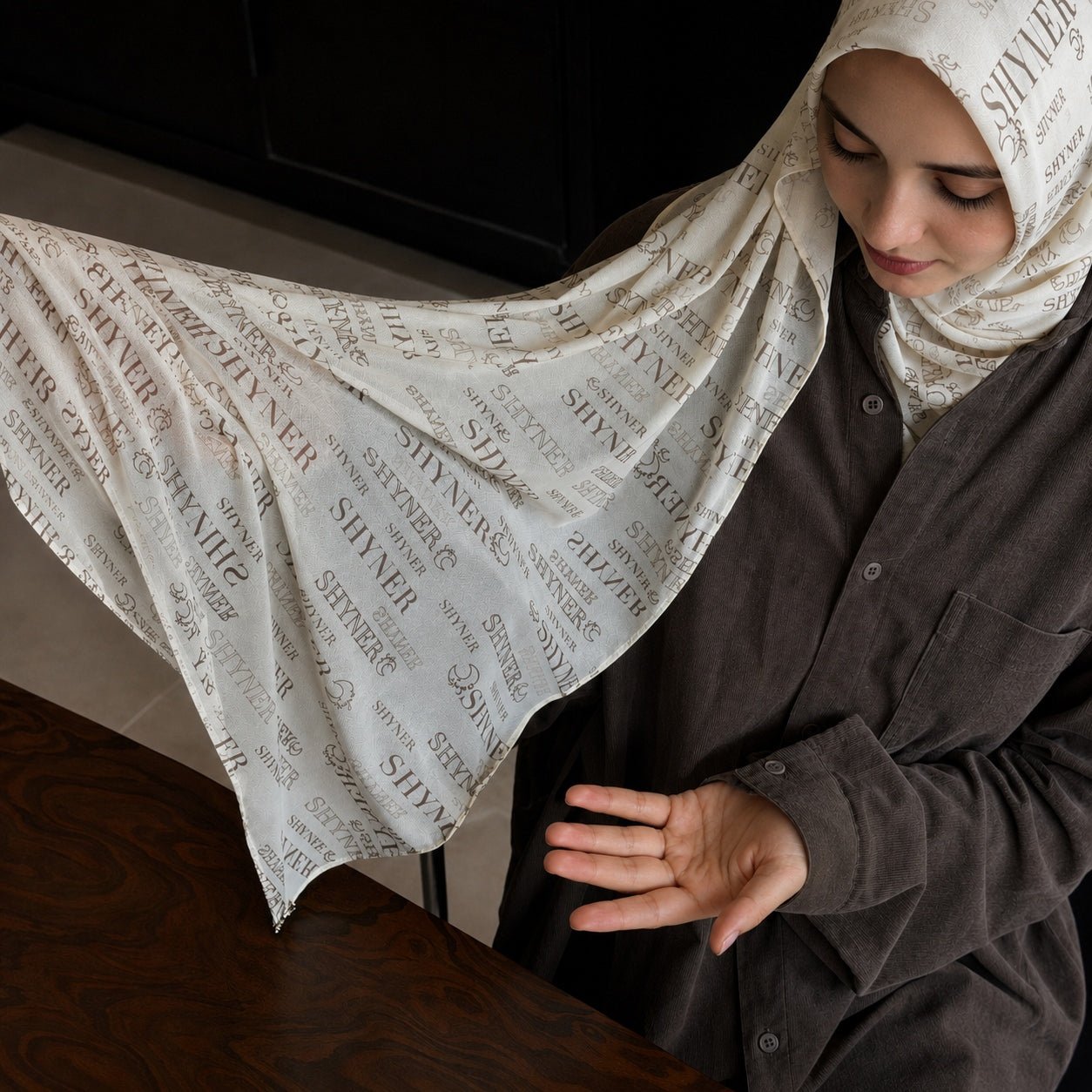 Printed Mesh Hijab – Wordmark Design, Breathable & Lightweight (MH259) - Mariam's Collection