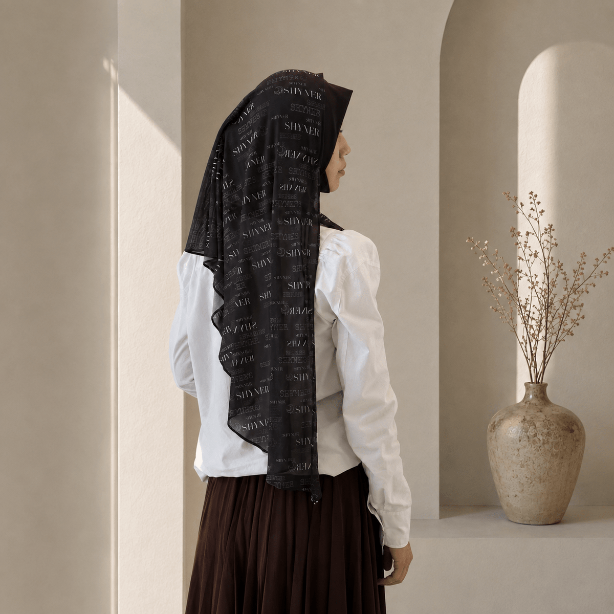 Printed Mesh Hijab – Wordmark Design, Breathable & Lightweight (MH259) - Mariam's Collection