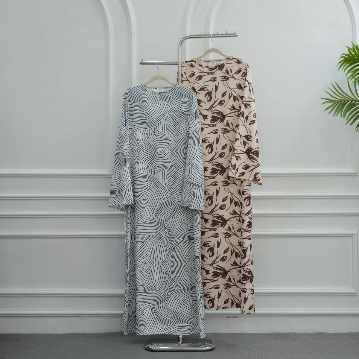 Printed Washed-Crinkle Bell Sleeve Maxi Dress(MS474) - Mariam's Collection