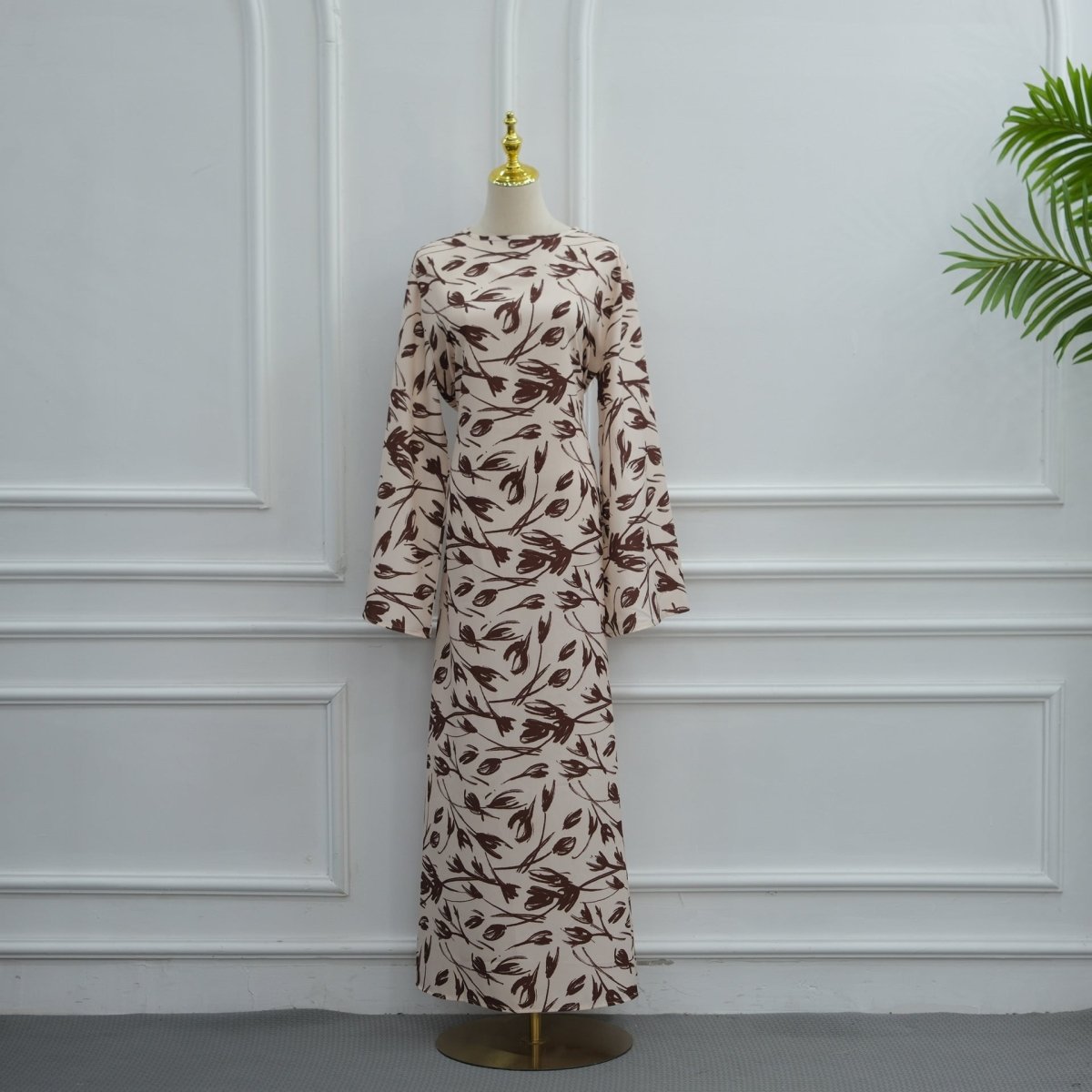 Printed Washed-Crinkle Bell Sleeve Maxi Dress(MS474) - Mariam's Collection
