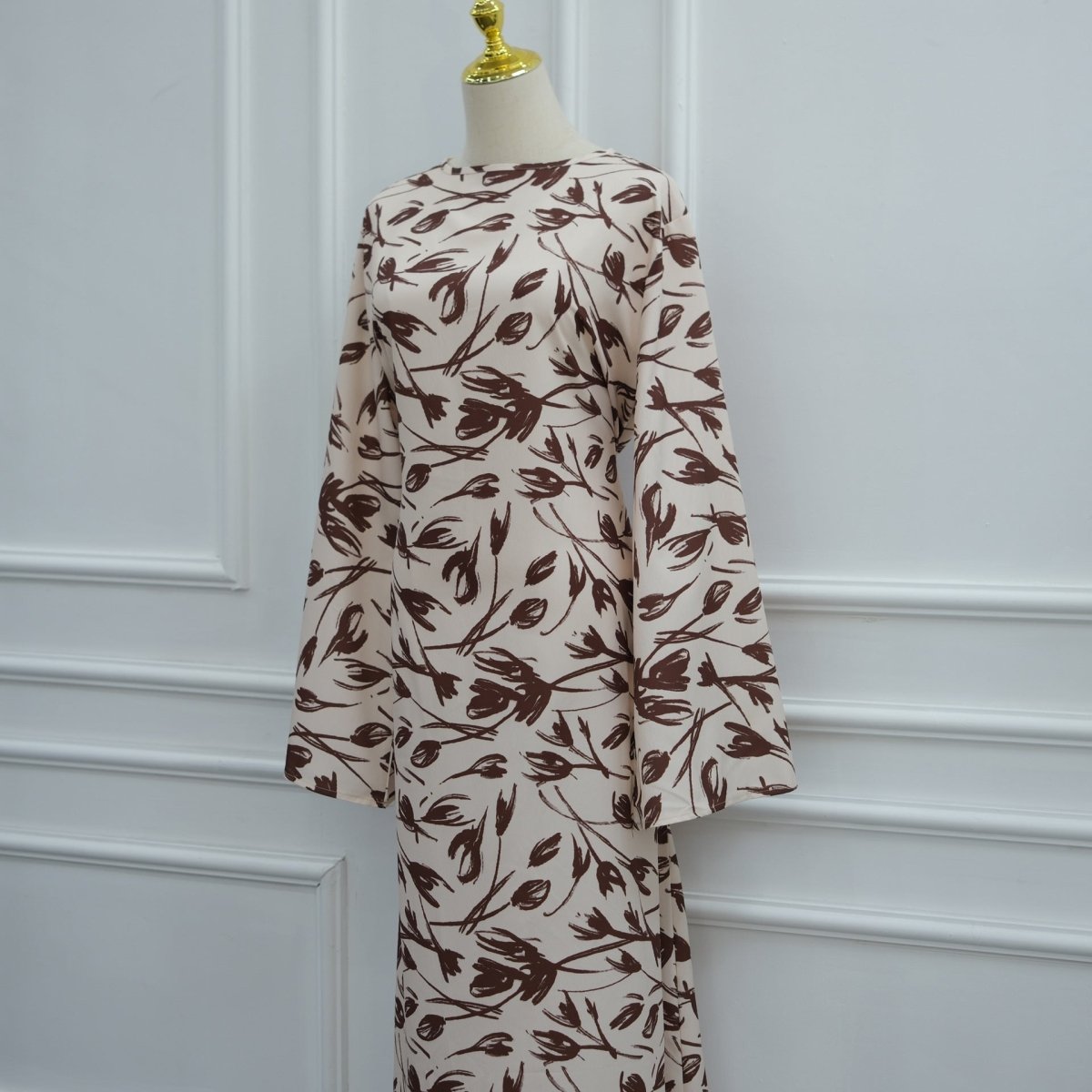 Printed Washed-Crinkle Bell Sleeve Maxi Dress(MS474) - Mariam's Collection