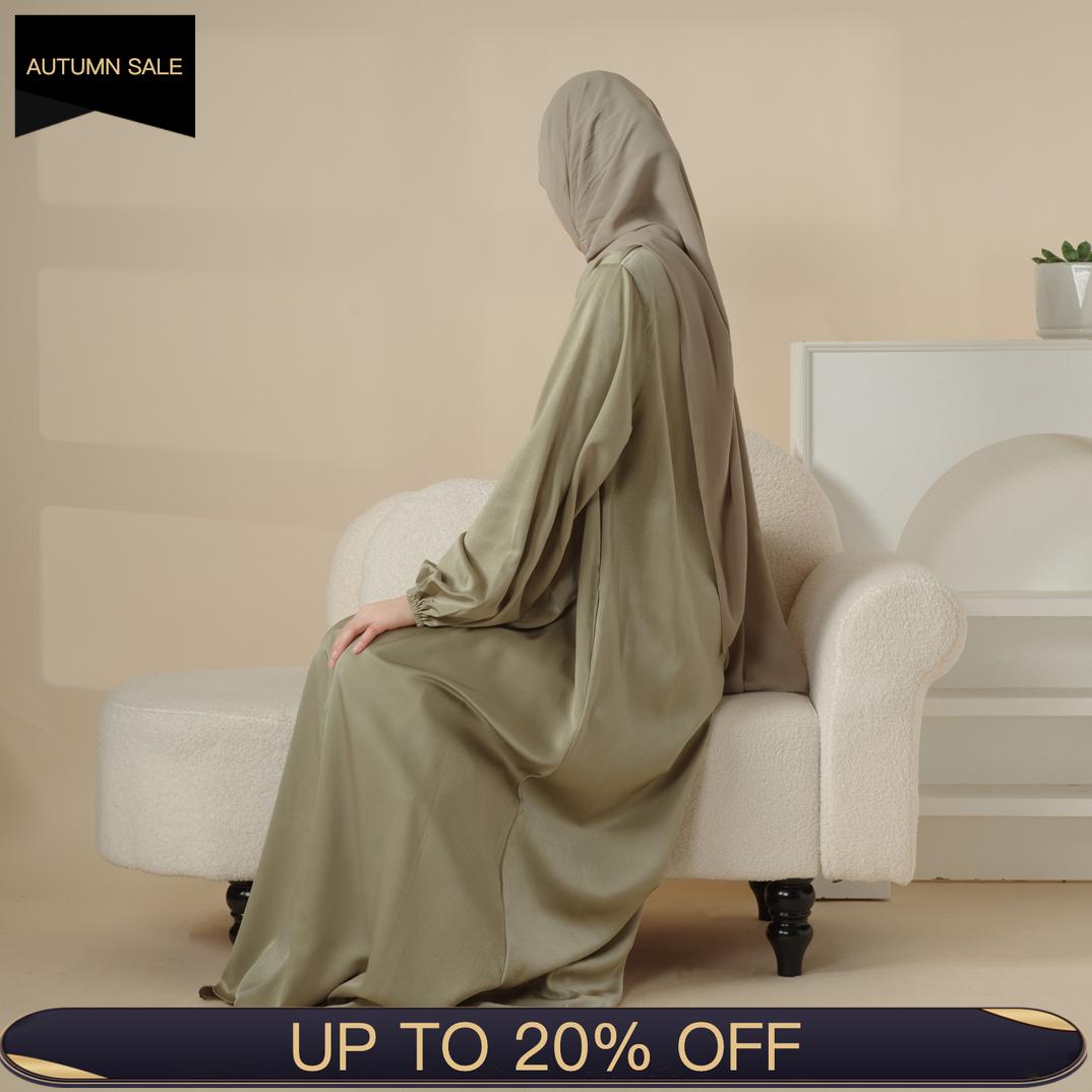 Puff Sleeve Satin Abaya with Pockets 2 - Piece Set (MA031) - Mariam's Collection