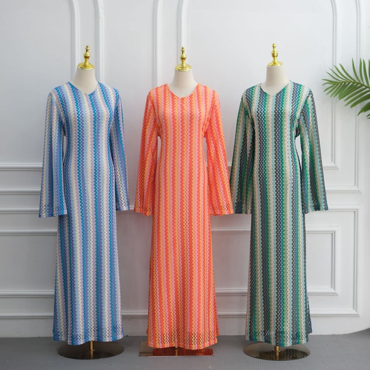 Rainbow Jacquard Flared-Sleeve Maxi Dress(MS486) - Mariam's Collection