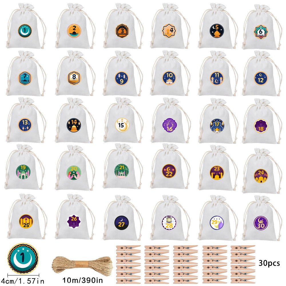 Ramadan 1–30 Countdown Calendar Gift Bag Set Drawstring Hanging Pouches (MAC385) - Mariam's Collection