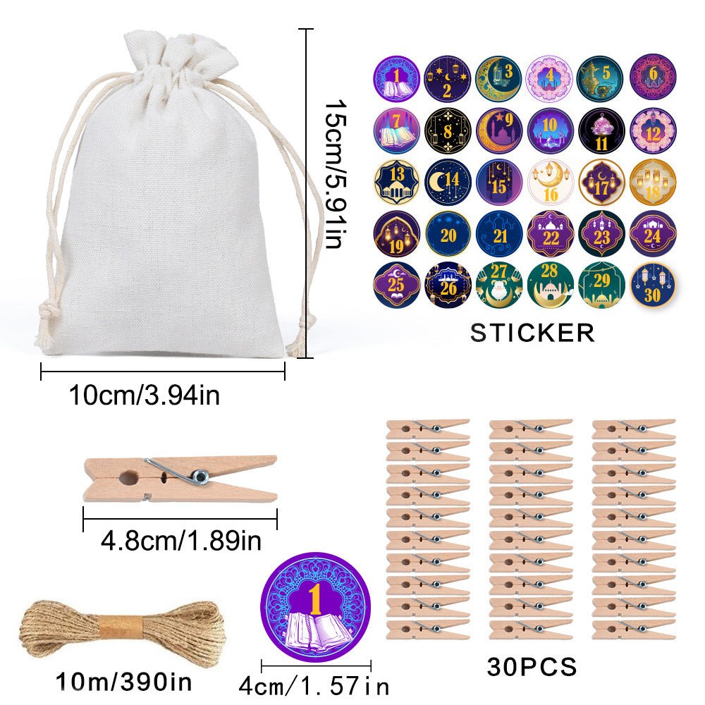 Ramadan 1–30 Countdown Calendar Gift Bag Set Drawstring Hanging Pouches (MAC385) - Mariam's Collection
