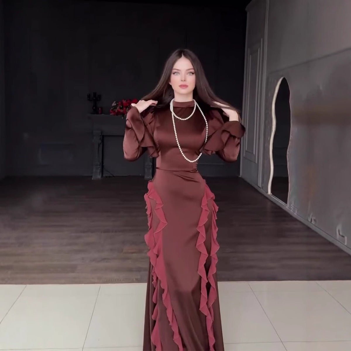 Regal Satin Court Dress Semi - Turtleneck Chiffon Lace - Up Maxi with Bell Sleeves & Tiered Ruffles. (MA235) - Mariam's Collection