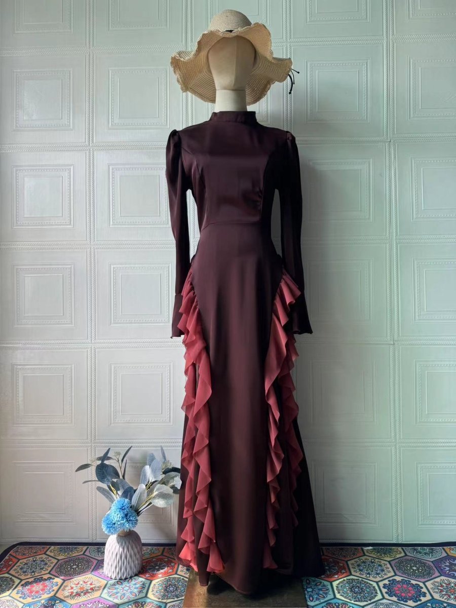 Regal Satin Court Dress Semi-Turtleneck Chiffon Lace-Up Maxi with Bell Sleeves & Tiered Ruffles (MA235) - Mariam's Collection Regal Satin Court Dress Semi-Turtleneck Chiffon Lace-Up Maxi with Bell Sleeves & Tiered Ruffles (MA235) - Mariam's Collection