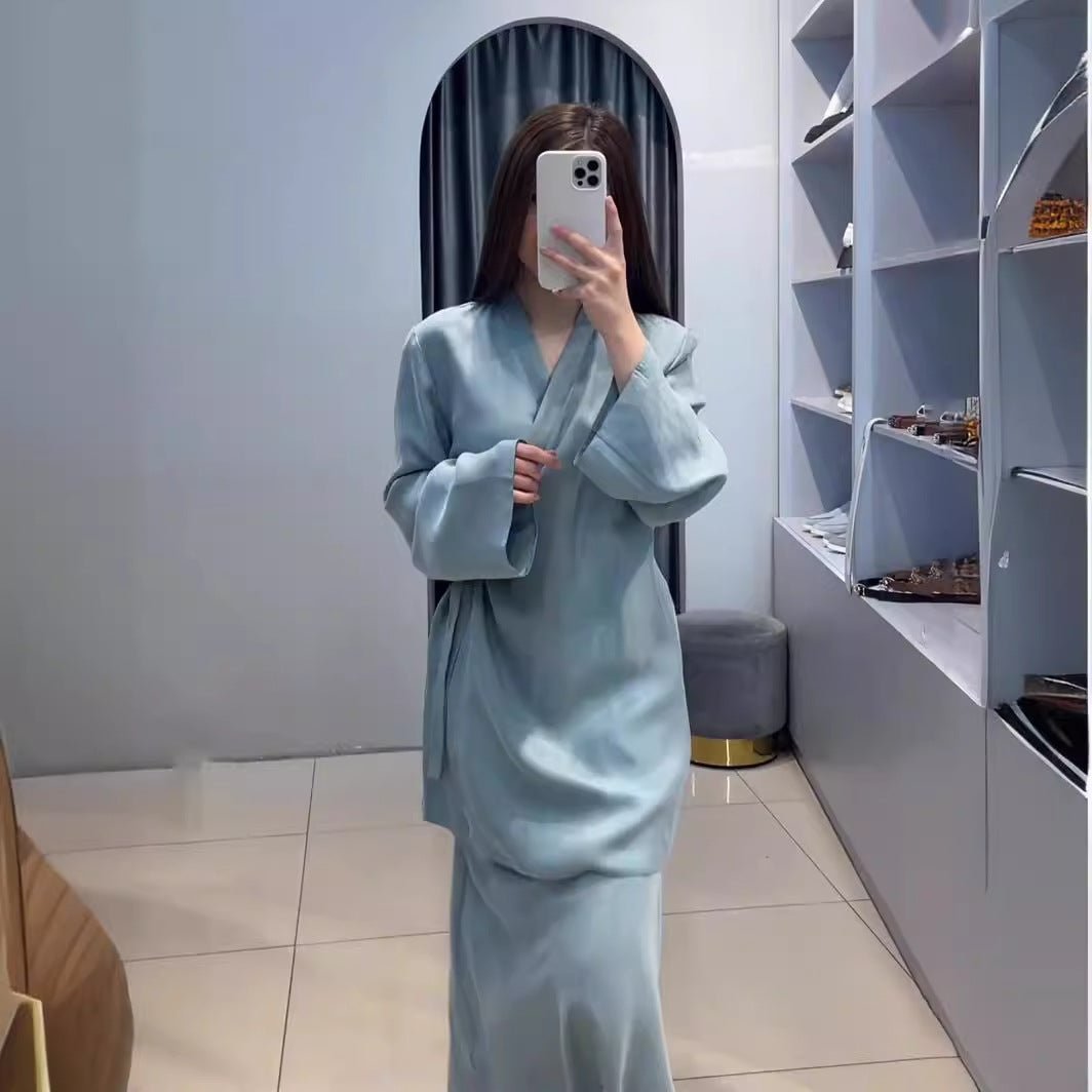 Relaxed Kimono Sleeve Sky Blue Glazed Forged Waist Pajama - Style Abaya Dress Set. (MA209) - Mariam's Collection