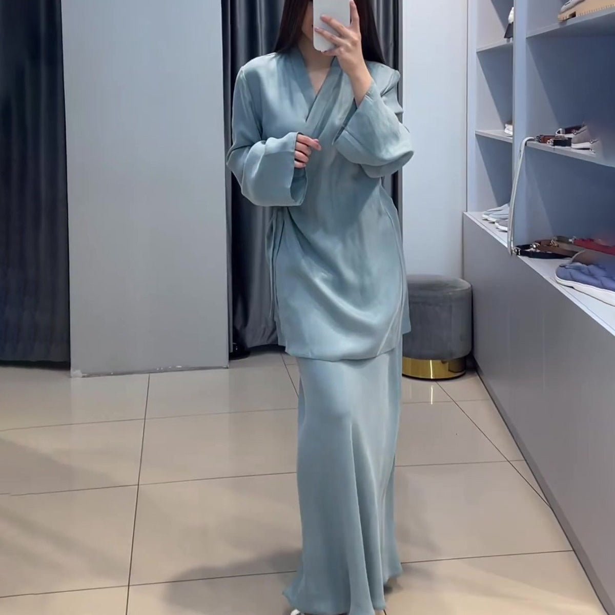 Relaxed Kimono Sleeve Sky Blue Glazed Forged Waist Pajama - Style Abaya Dress Set. (MA209) - Mariam's Collection