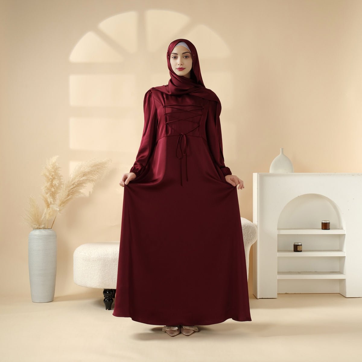 Removable Cross - Front Straps Design Premium Satin Dress Abaya (MA133) - Mariam's Collection