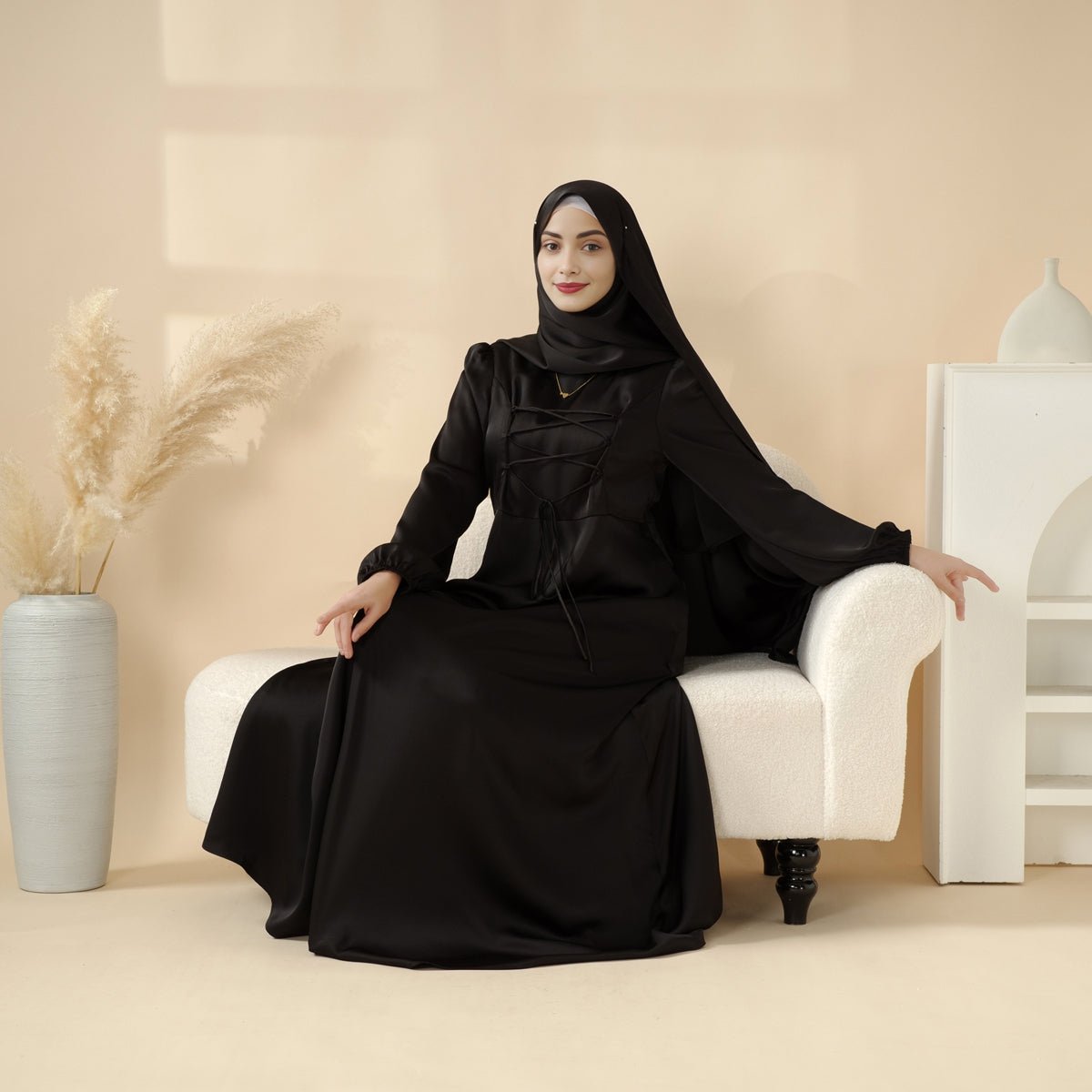 Removable Cross - Front Straps Design Premium Satin Dress Abaya (MA133) - Mariam's Collection