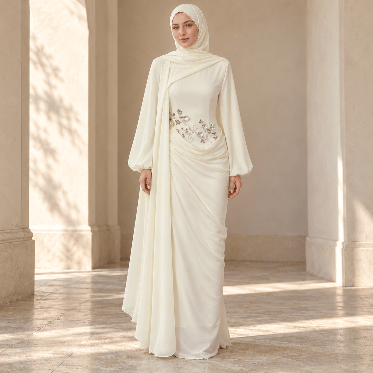 Rhinestone Floral Chiffon-Effect Evening Dress(MS591) - Mariam's Collection