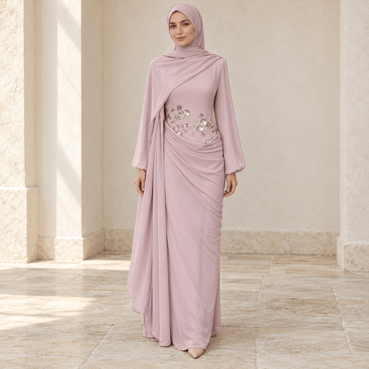 Rhinestone Floral Chiffon-Effect Evening Dress(MS591) - Mariam's Collection