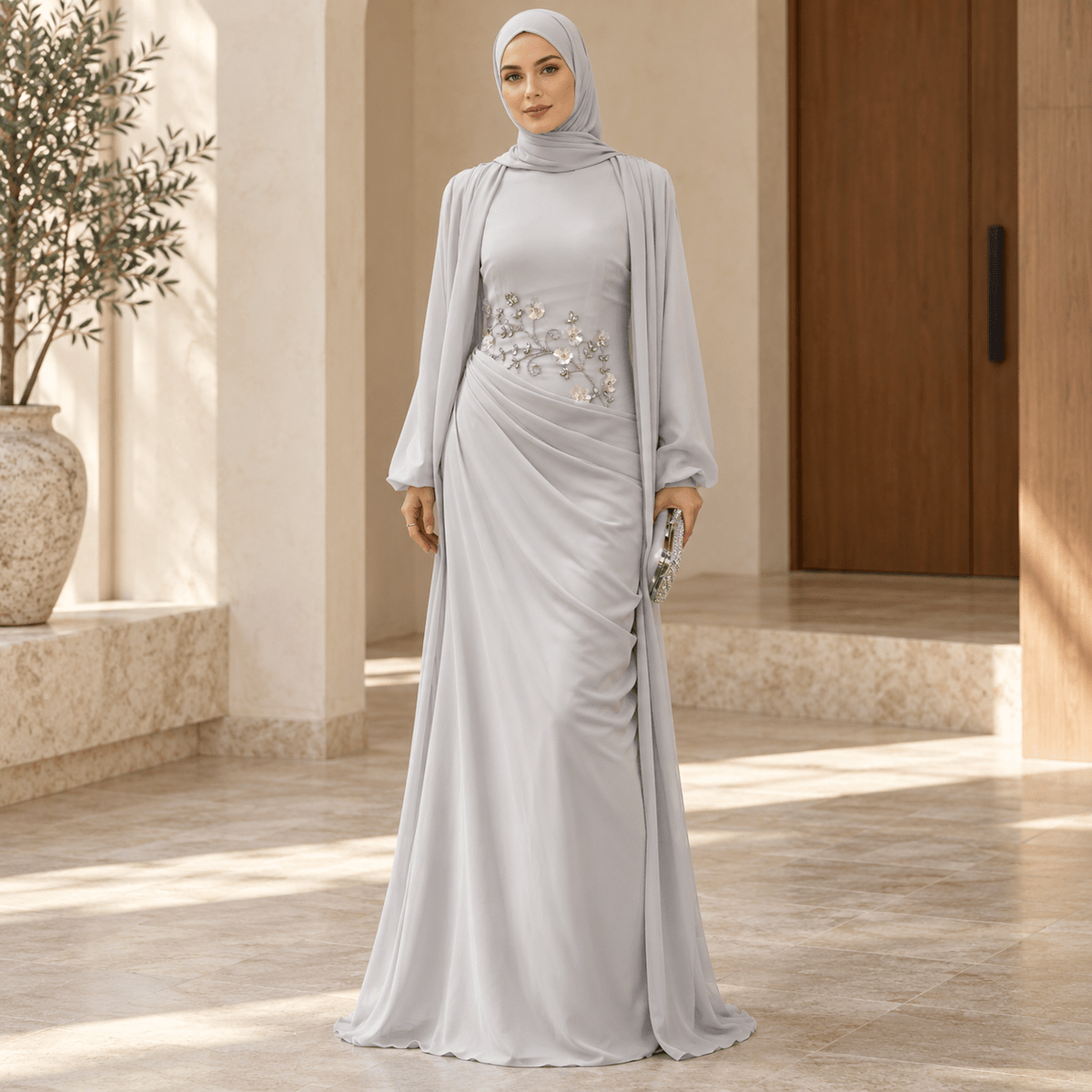 Rhinestone Floral Chiffon-Effect Evening Dress(MS591) - Mariam's Collection