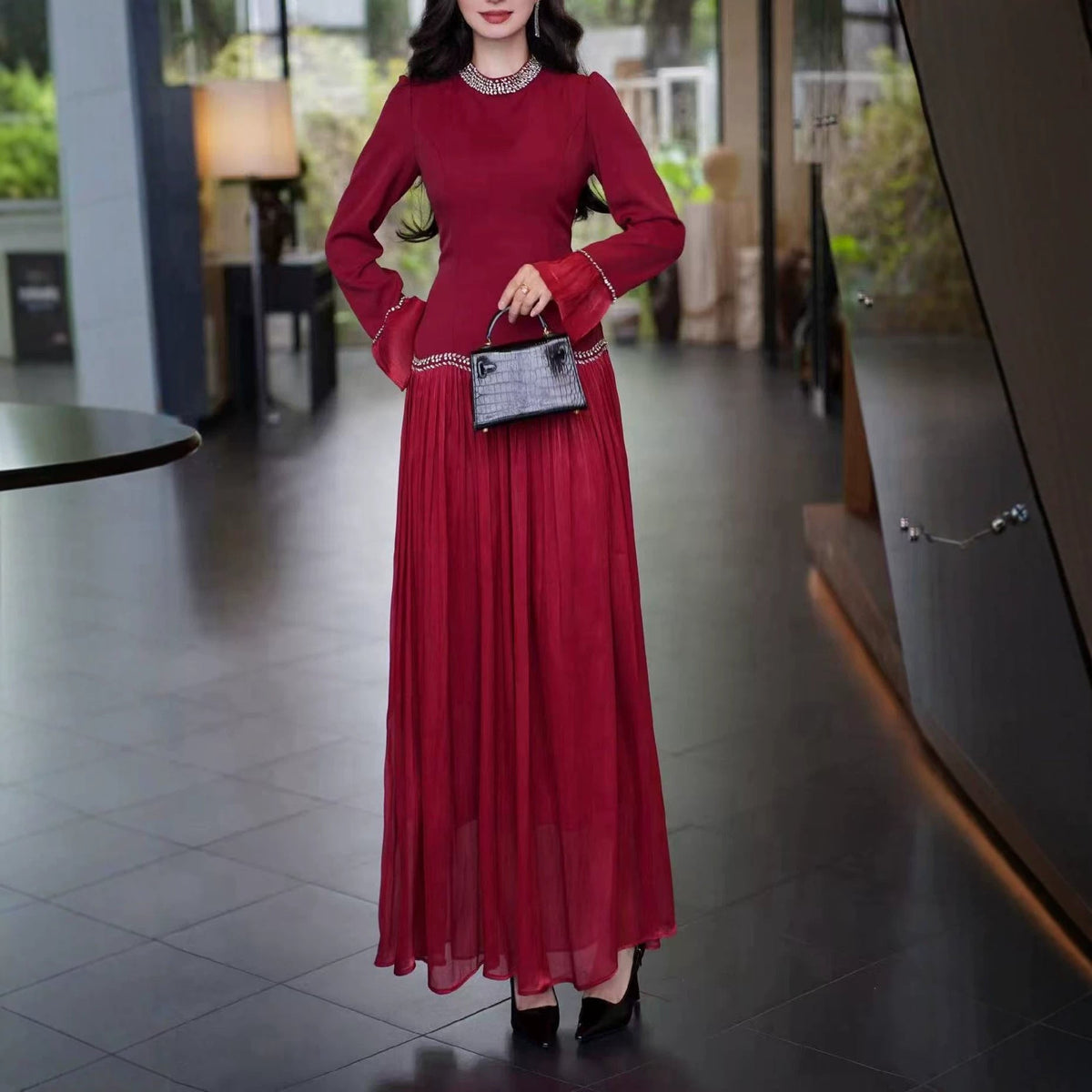 Rhinestone High-Neck Evening Gown | Elegant Defined-Waist Maxi Dress(MS579) - Mariam's Collection