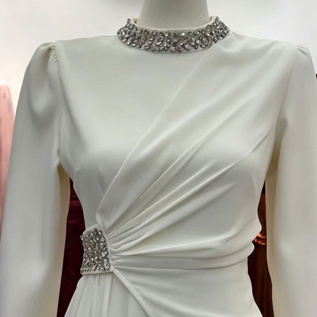 Rhinestone High-Neck Evening Maxi Dress | Ruched-Waist Long-Sleeve Gown(MS567) - Mariam's Collection