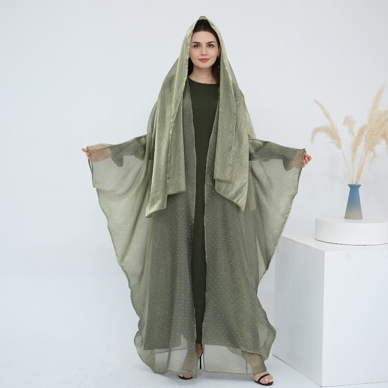 Rhinestone Ice Crinkle Batwing Sleeve Abaya Set(MOA237) - Mariam's Collection