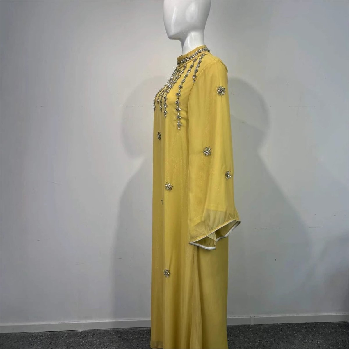 Rhinestone scatter batwing abaya in wheat with cascading crystal chain detail