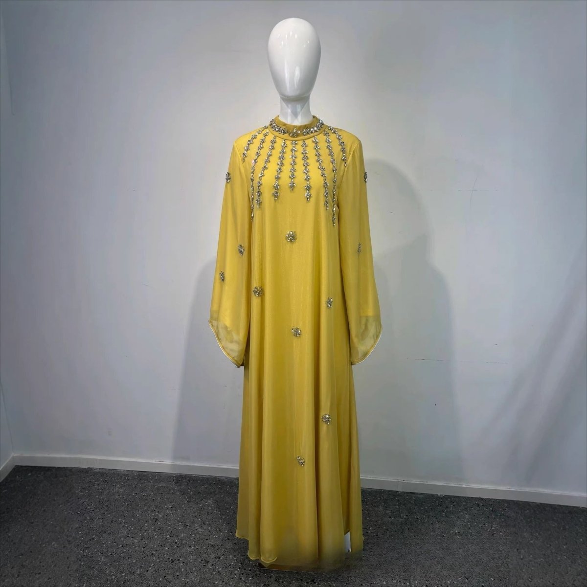 Rhinestone Scatter Batwing Abaya — Crystal Chiffon Modest Kaftan