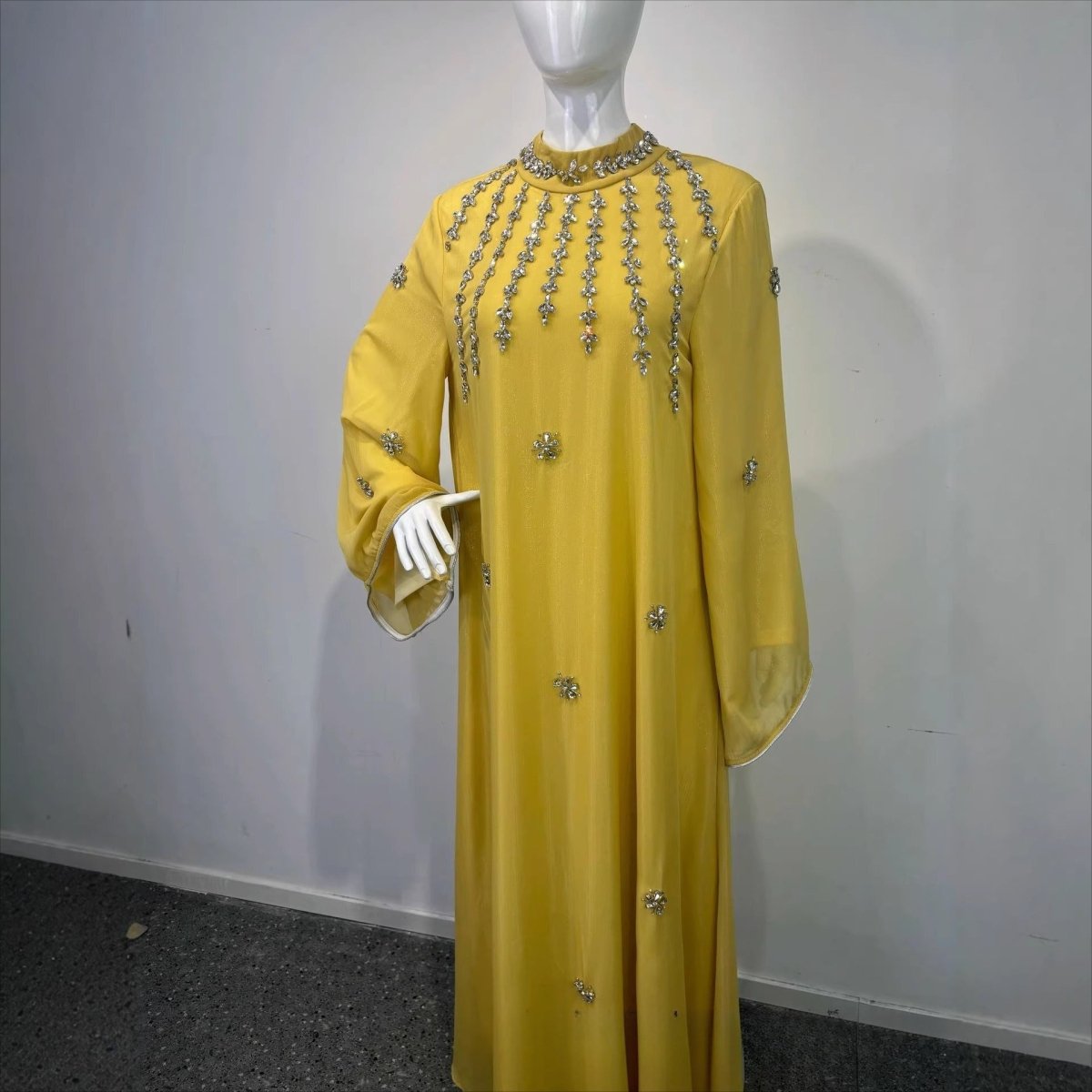 Rhinestone Scatter Batwing Abaya — Crystal Chiffon Modest Kaftan
