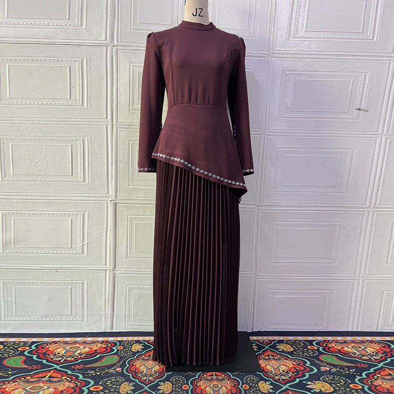 Rhinestone - Trimmed Top & Pleated Skirt Set(MS317) - Mariam's Collection