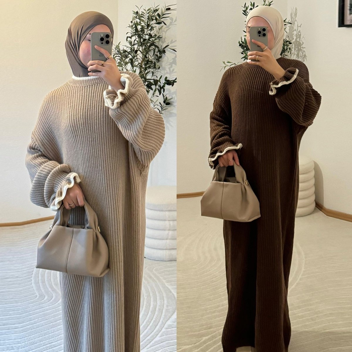 Ribbed Knit Dress with Ruffle Cuffs(MA388) - Mariam's Collection