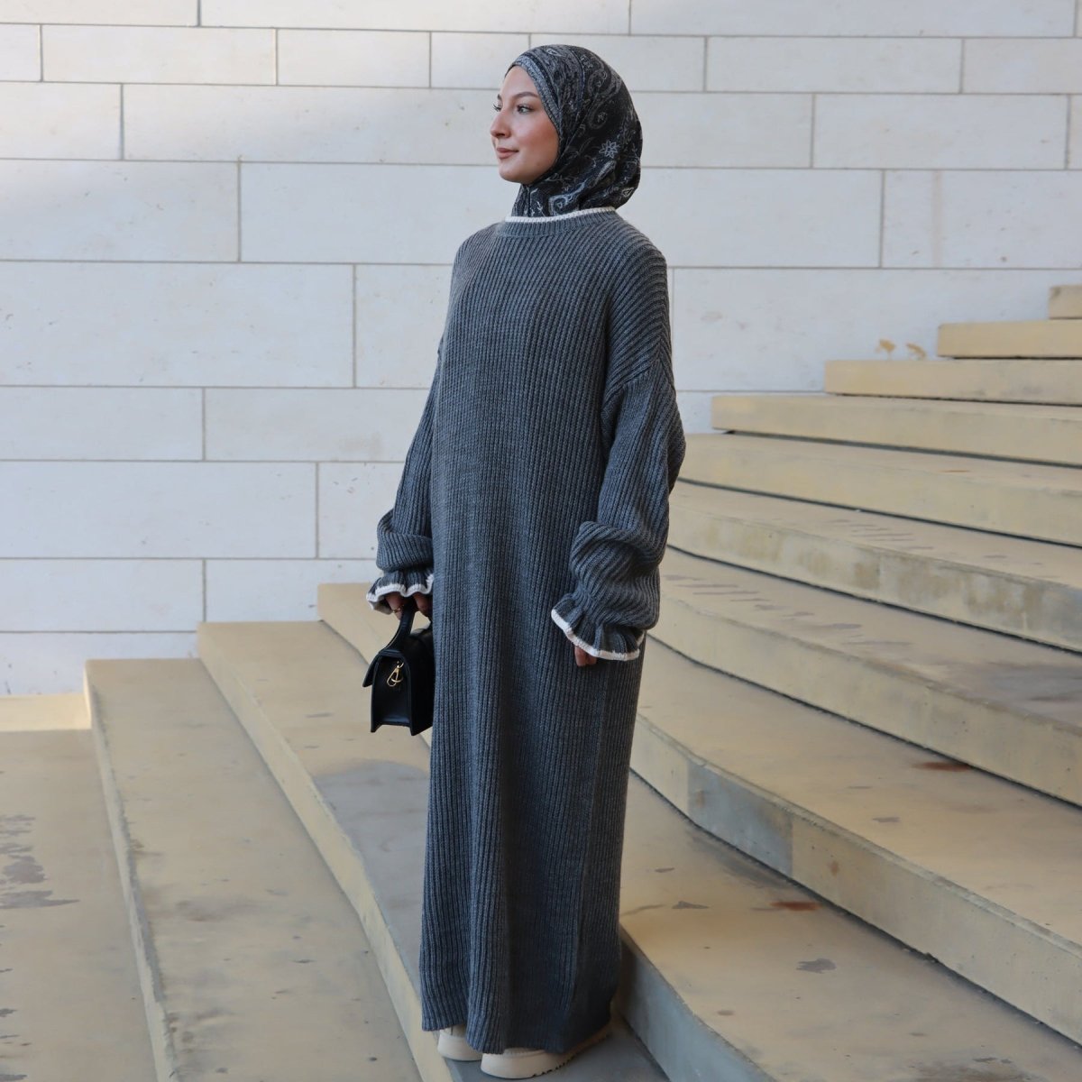 Ribbed Knit Dress with Ruffle Cuffs(MA388) - Mariam's Collection