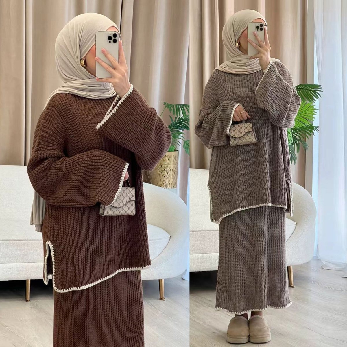 Ribbed Knit Sweater & Skirt Set with Contrast Trim (MS301