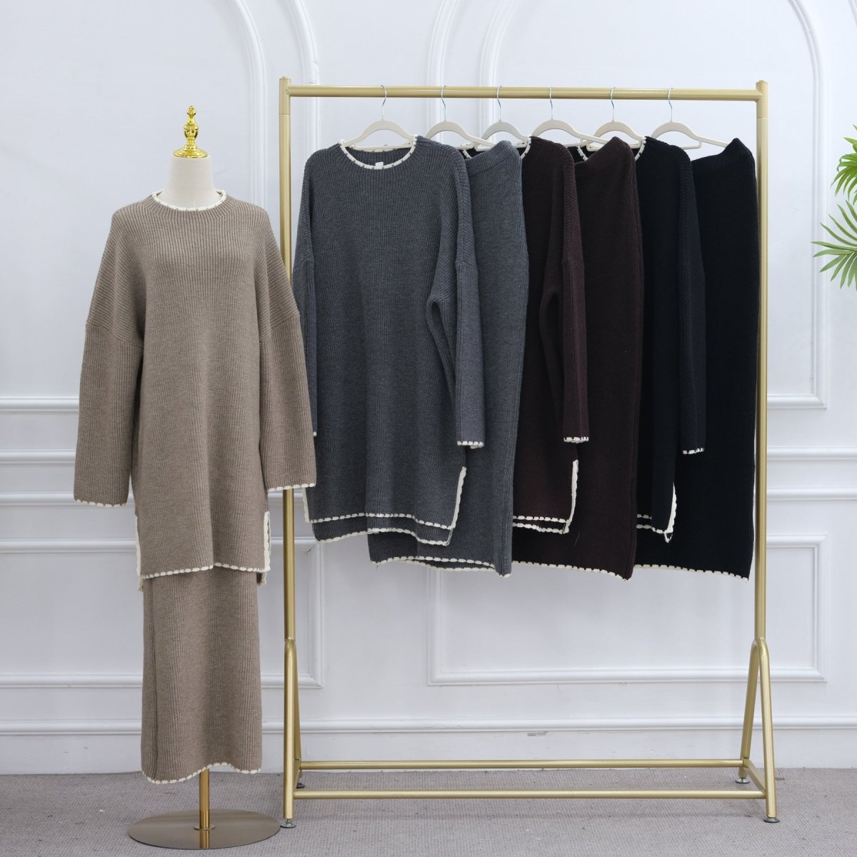 Ribbed Knit Sweater & Skirt Set with Contrast Trim(MS301) - Mariam's Collection