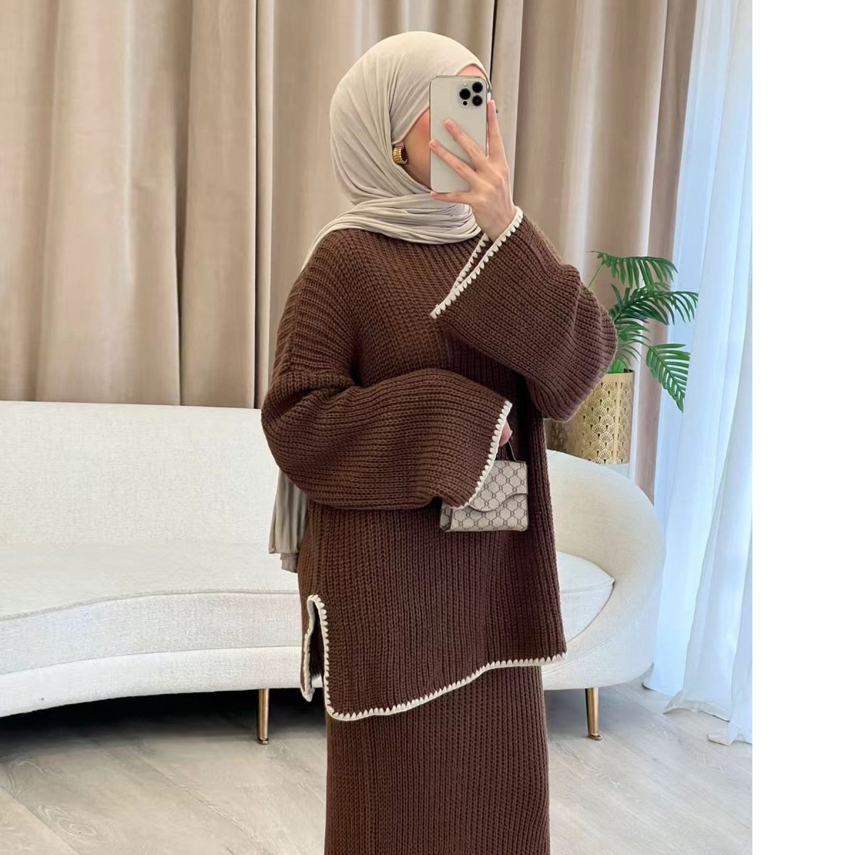 Ribbed Knit Sweater & Skirt Set with Contrast Trim(MS301) - Mariam's Collection