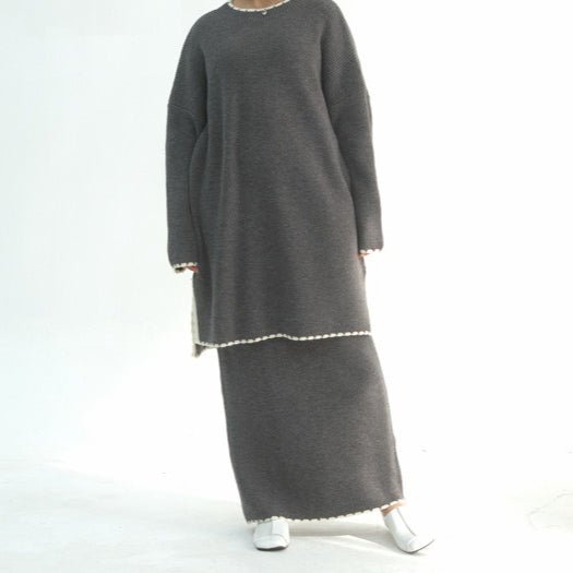 Ribbed Knit Sweater & Skirt Set with Contrast Trim (MS301) Dark gray / M