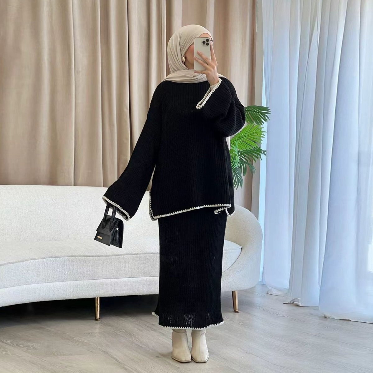 Ribbed Knit Sweater & Skirt Set with Contrast Trim(MS301) - Mariam's Collection