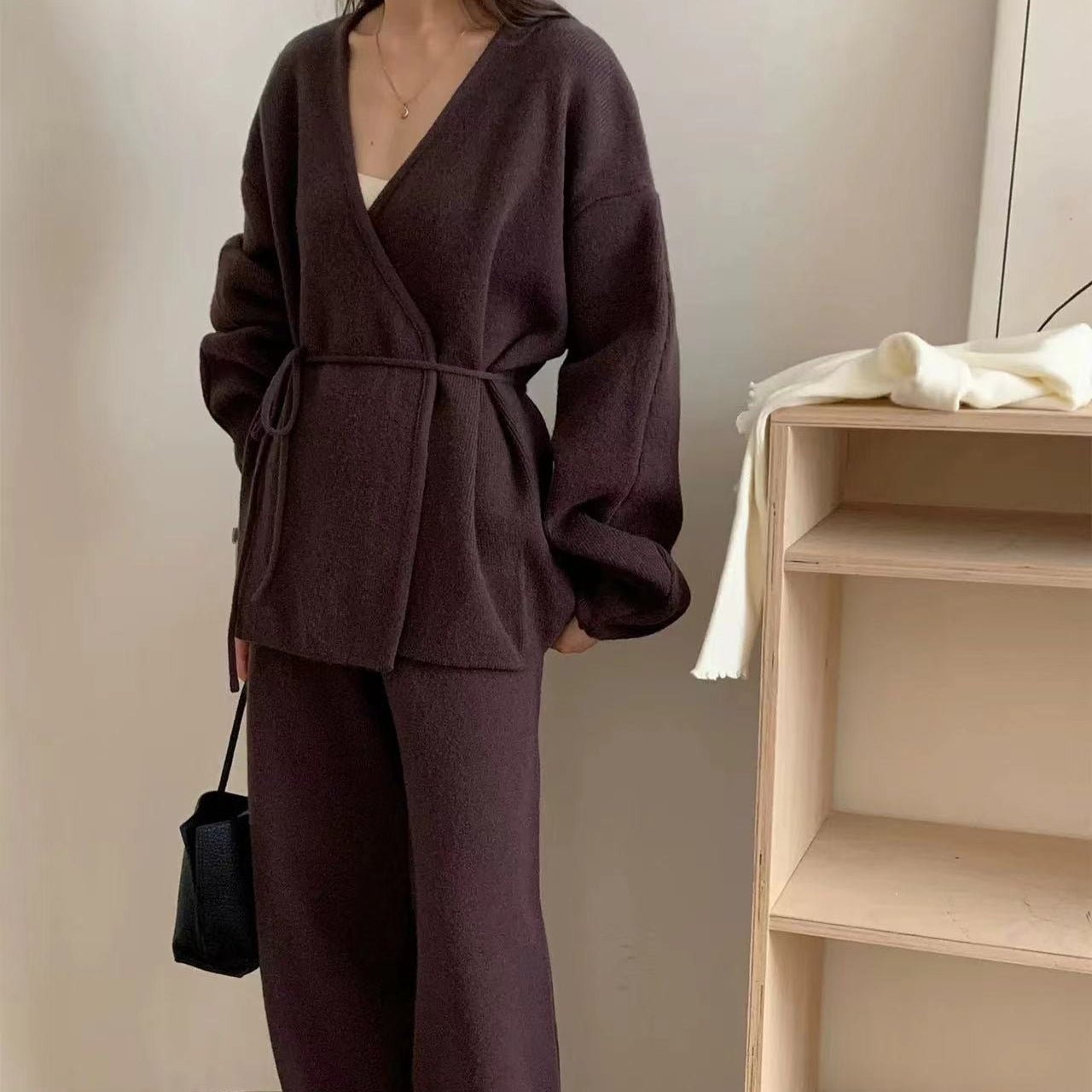 Ribbed Knit Wrap Top & Wide-Leg Trouser Two-Piece Set(MS531) - Mariam's Collection