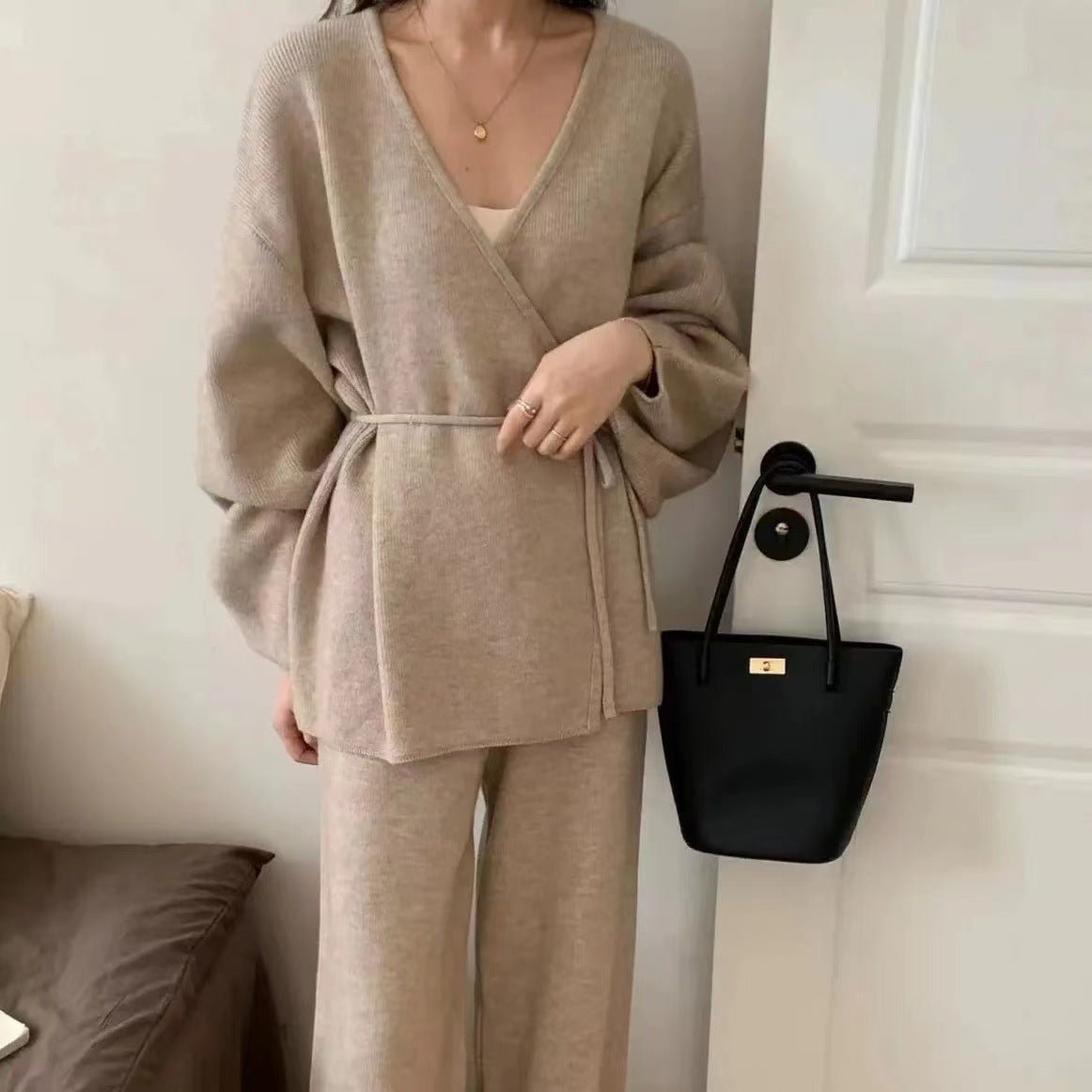 Ribbed Knit Wrap Top & Wide-Leg Trouser Two-Piece Set(MS531) - Mariam's Collection