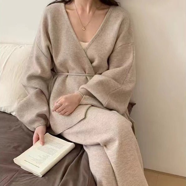Ribbed Knit Wrap Top & Wide-Leg Trouser Two-Piece Set(MS531) - Mariam's Collection