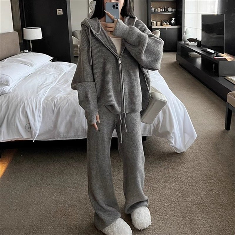 Ribbed Knit Zip-Up Hoodie Autumn Two-Piece Loungewear(MS162)
