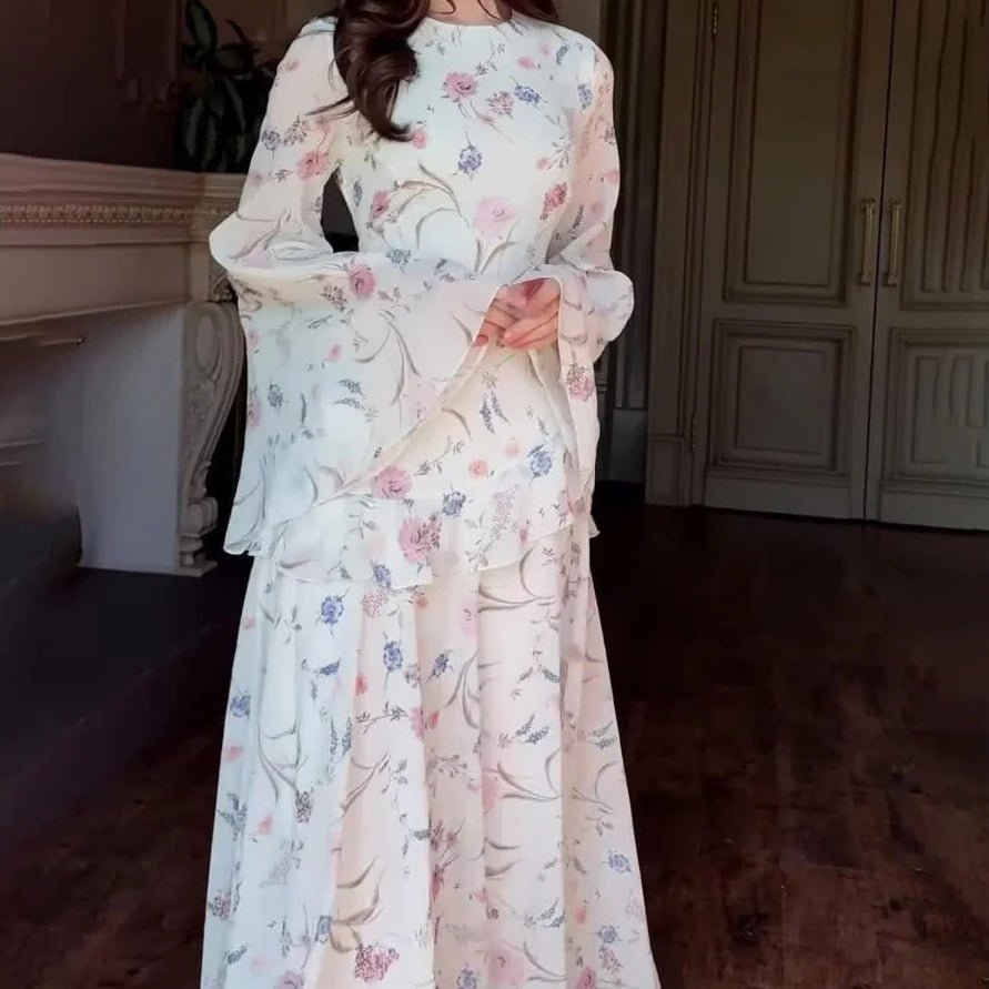 Romantic High Neck Floral Gown With Bell Sleeves | Long Sleeve Gown Abaya with Flowy Hem (MA218) - Mariam's Collection