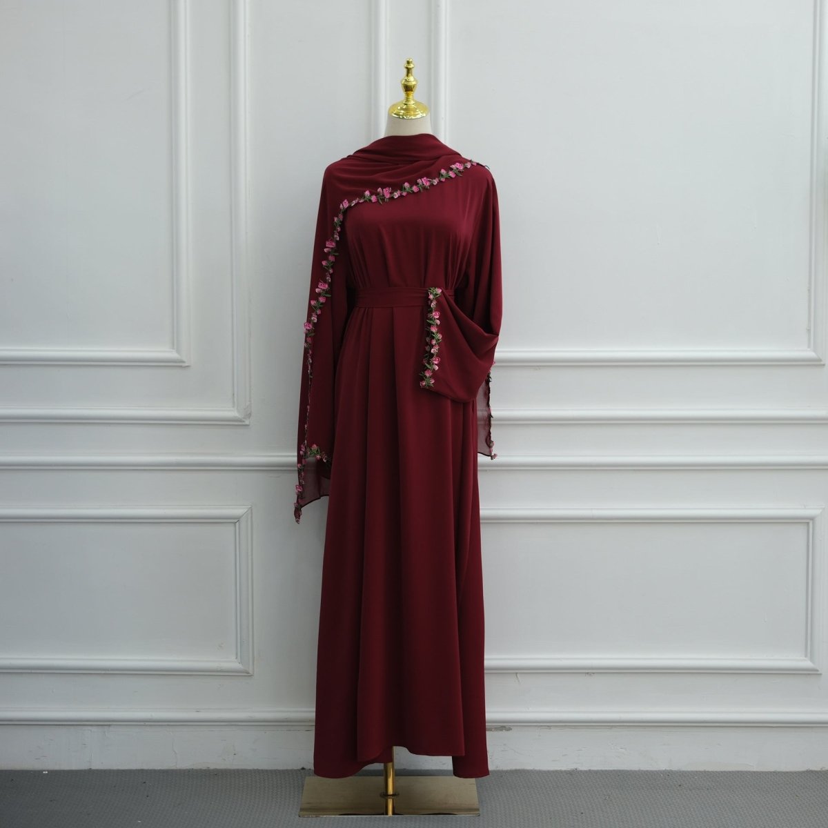 Rose Bud Embroidered Diagonal Trim Maxi Dress(MA455) - Mariam's Collection