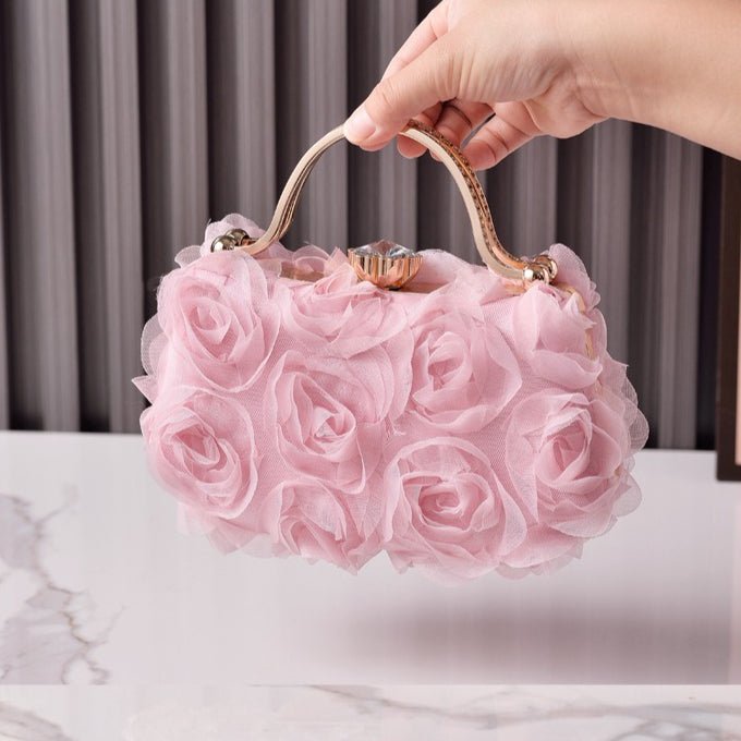 Rose Flower Evening Clutch | Bridal Wedding Bag with Metal Handle(MAC357) - Mariam's Collection
