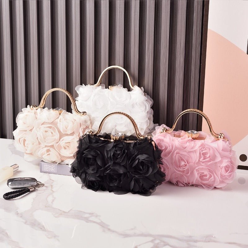 Rose Flower Evening Clutch | Bridal Wedding Bag with Metal Handle