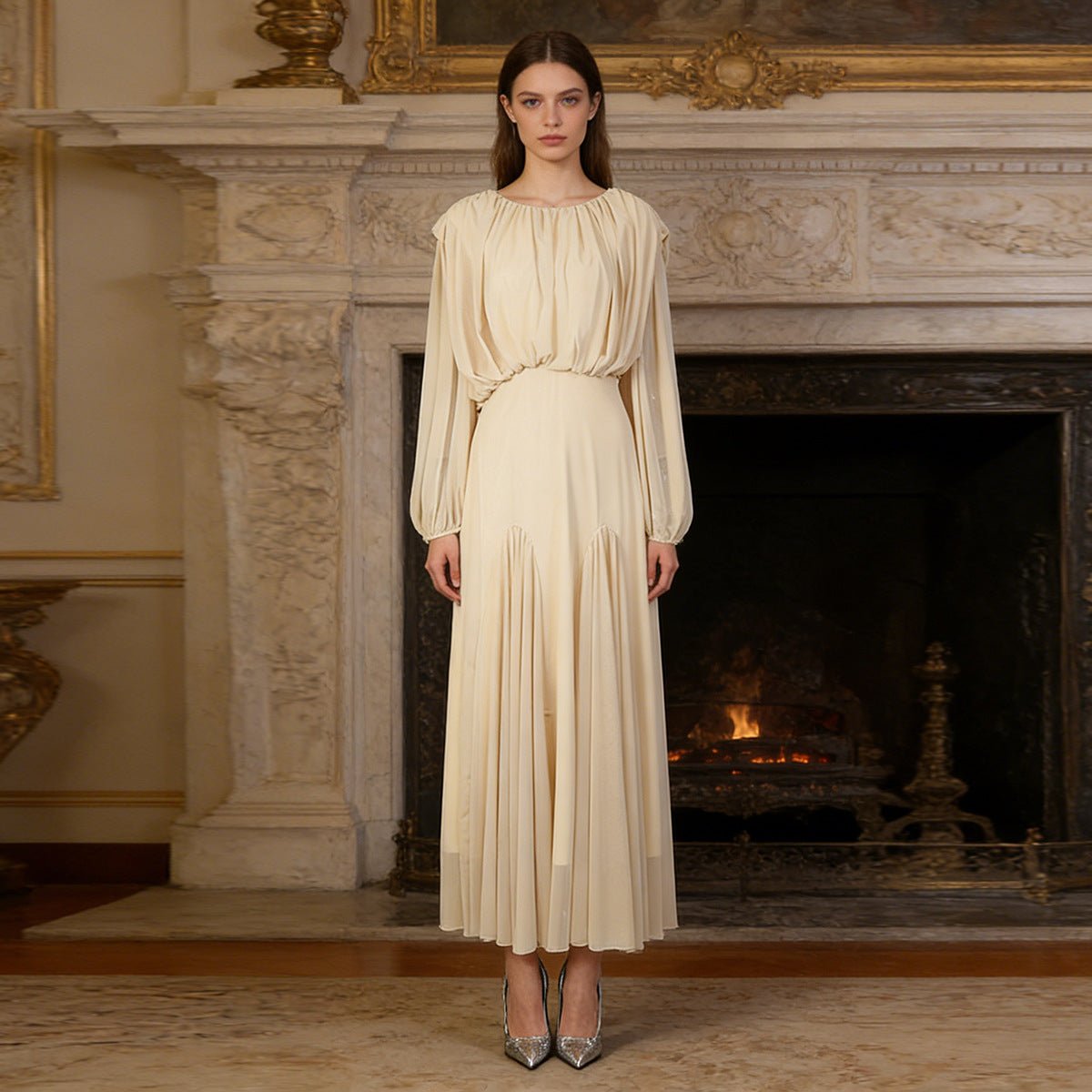 Round Neck Ruched Bodice Lantern Sleeve Floor - Length Dress(MS402) - Mariam's Collection