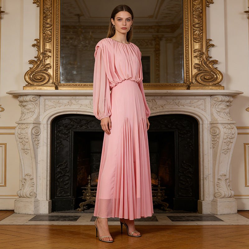 Round Neck Ruched Bodice Lantern Sleeve Floor - Length Dress(MS402) - Mariam's Collection