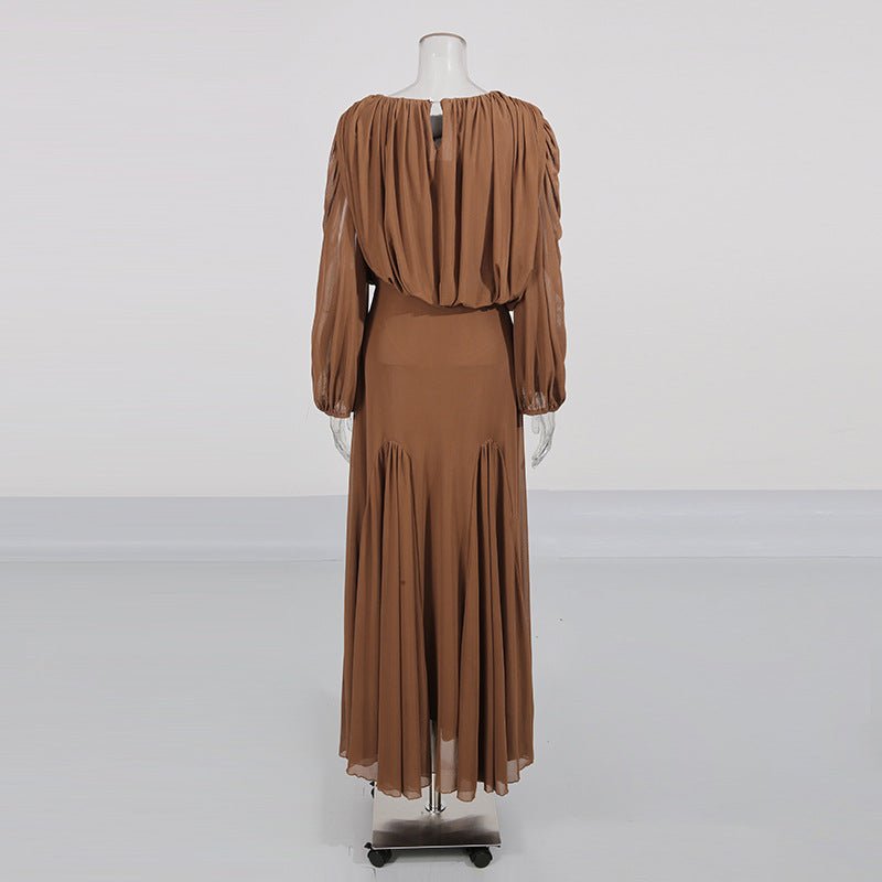 Round Neck Ruched Bodice Lantern Sleeve Floor - Length Dress(MS402) - Mariam's Collection