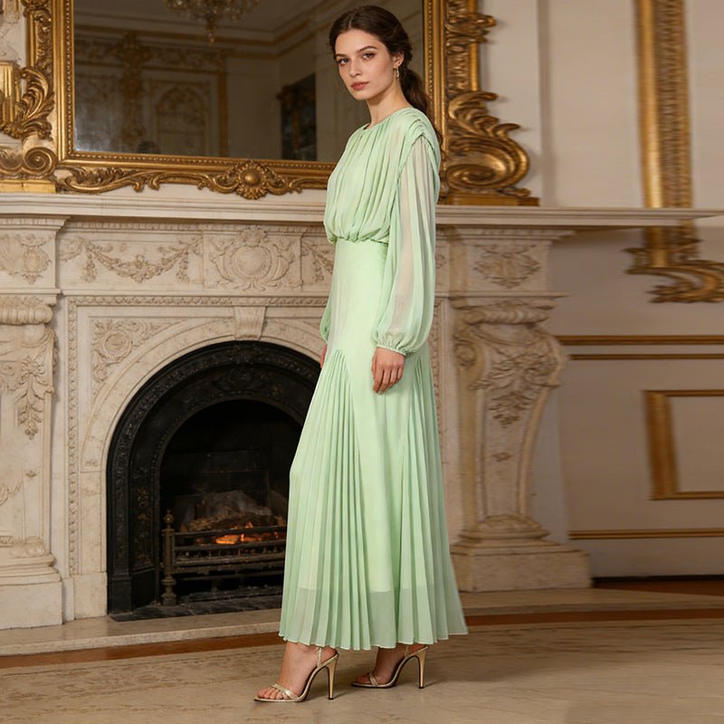 Round Neck Ruched Bodice Lantern Sleeve Floor-Length Dress(MS402), Light green / XL